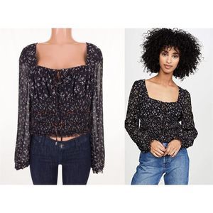 FREE PEOPLE L Floral Printed Lolita Peasant Top in Black Multi Floral